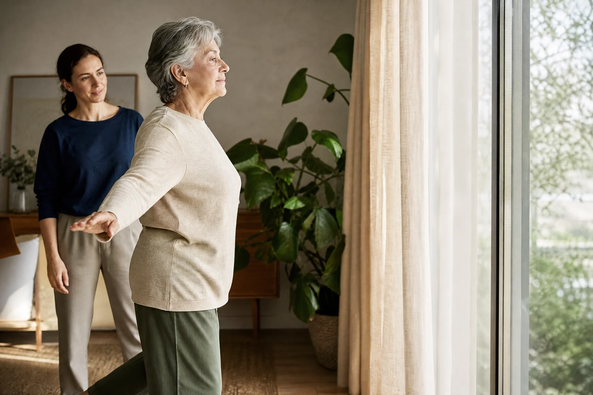 Mujer mayor haciendo un ejercicio de equilibrio junto a una ventana