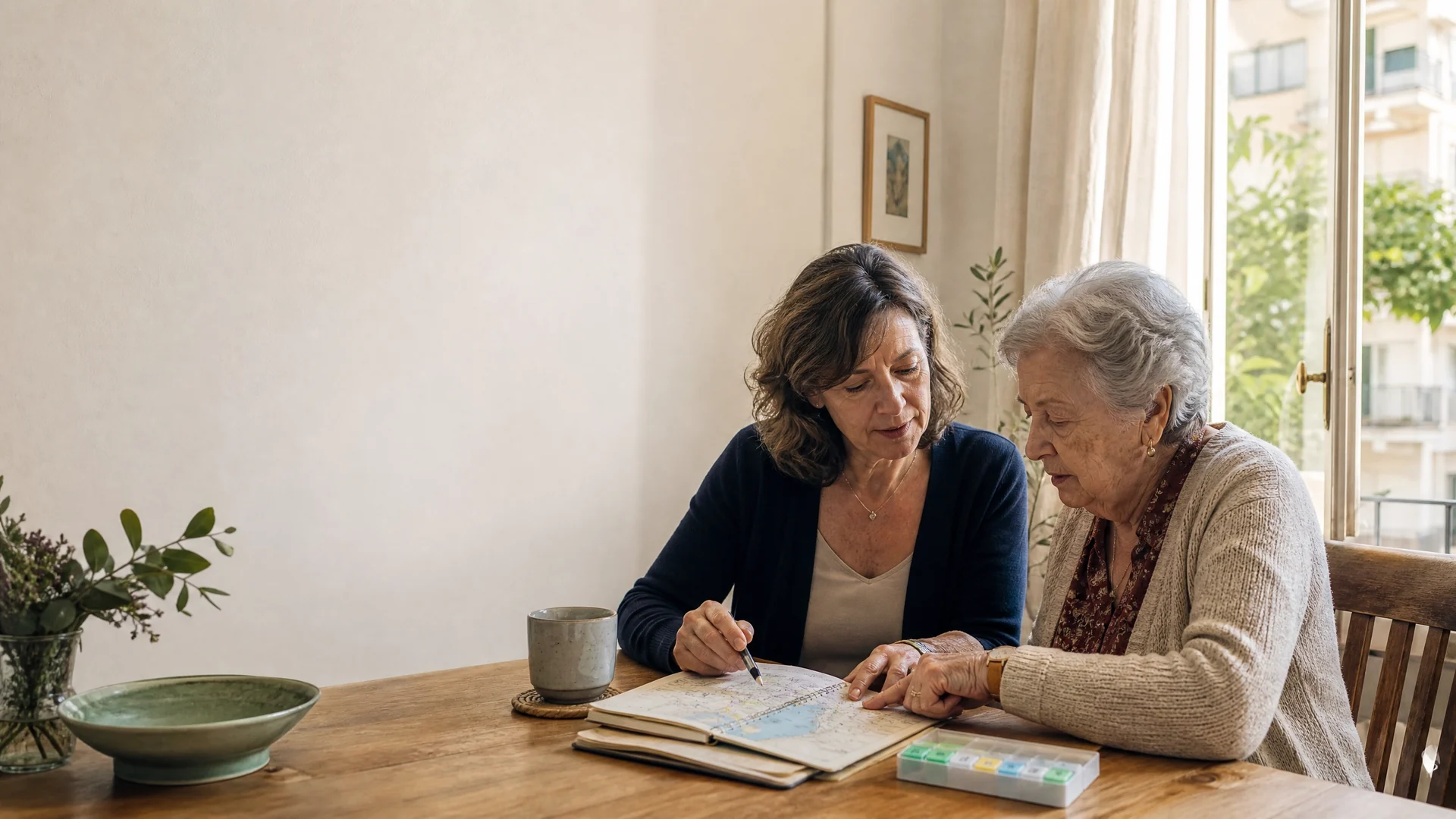 Madre e hija revisando juntas un plan de cuidados en casa